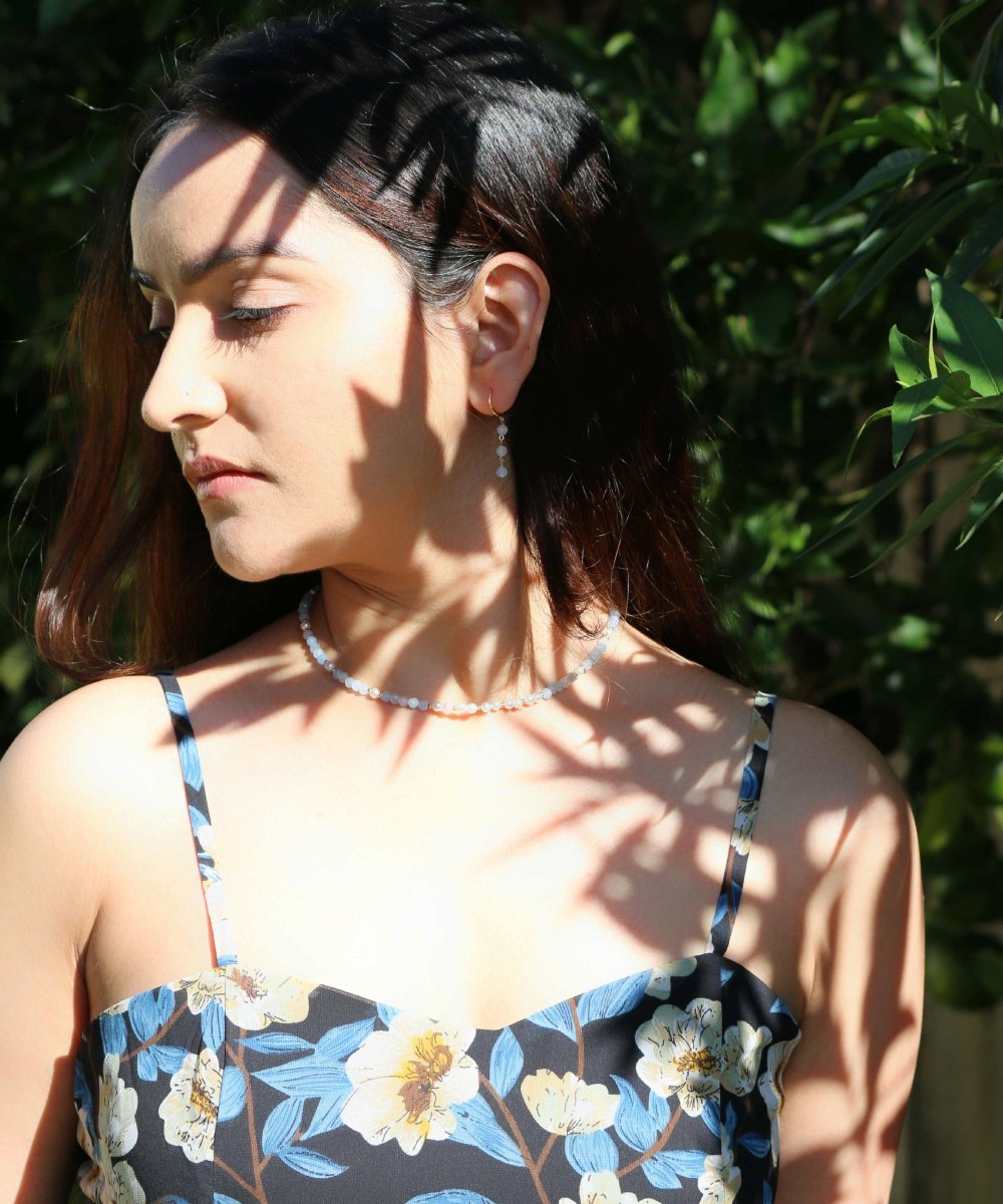 Celestial Calm Set – Aquamarine Beaded Necklace, Bracelet & Hoop Earrings