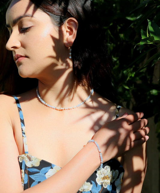 Celestial Calm Set – Aquamarine Beaded Necklace, Bracelet & Hoop Earrings