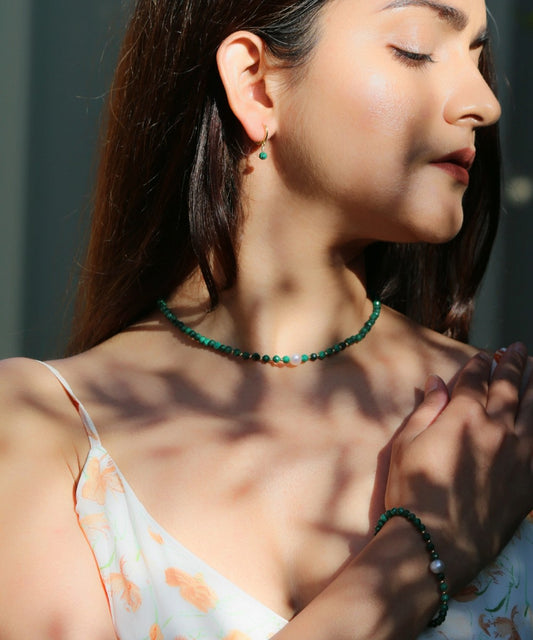 Verdant Soul Set – Green Malachite Beaded Necklace, Bracelet & Hoop Earrings