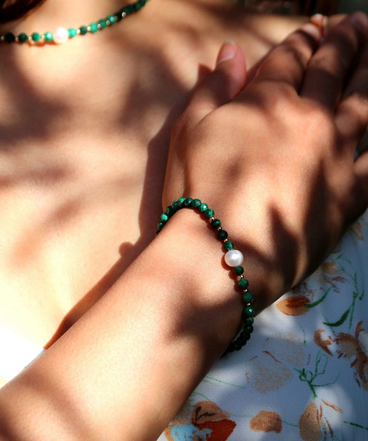 Verdant Soul Set – Green Malachite Beaded Necklace, Bracelet & Hoop Earrings