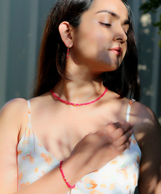 Crimson Grace Set – Ruby Beaded Necklace, Bracelet & Hoop Earrings