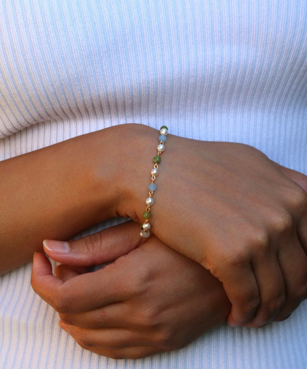Celestial Garden Set – Pearl, Jade & Aquamarine Bracelet & Earrings