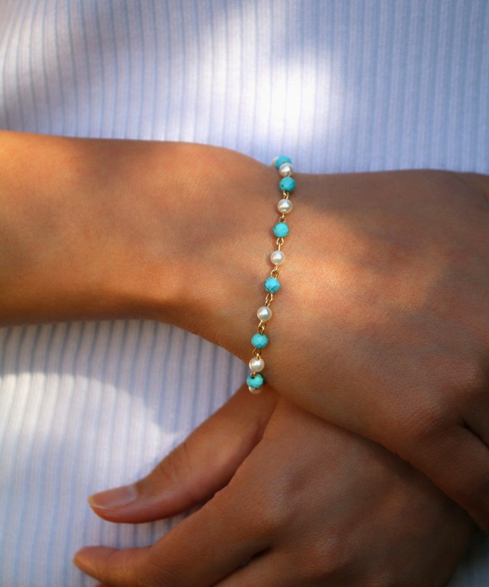 Ocean Muse Set – Pearl & Turquoise Wire-Wrapped Bracelet & Earrings