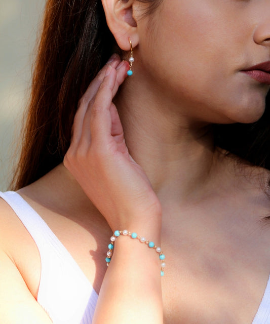 Ocean Muse Set – Pearl & Turquoise Wire-Wrapped Bracelet & Earrings