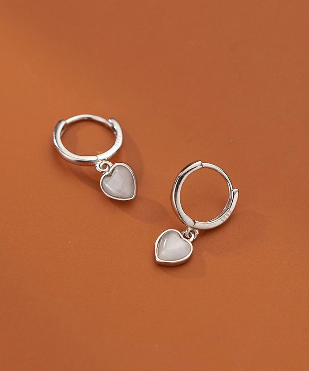 Opal Heart Hoops - Silver