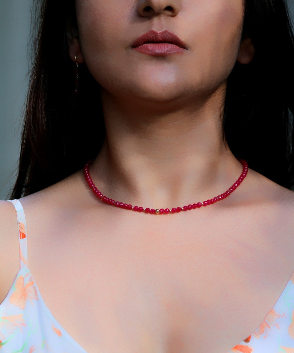 Crimson Grace Set – Ruby Beaded Necklace, Bracelet & Hoop Earrings